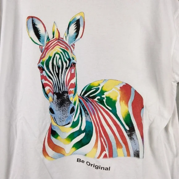 Vintage 90s Rainbow Stripe Zebra Shirt L Novelty Be Original Graphic Print Pride - Picture 2 of 9